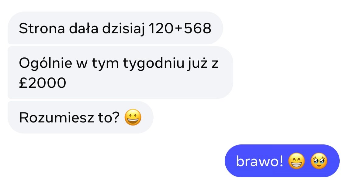 Wiadomość od klienta, że strona wykonana przez Web do Biznesu wygenerowała ponad 2000 funtów w tydzień.